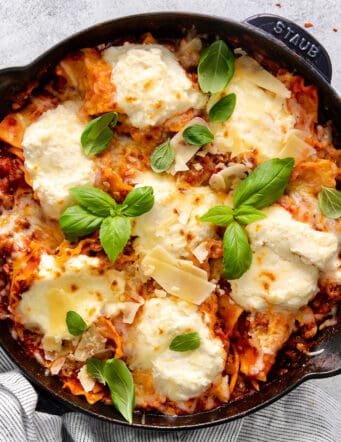 Overhead view of skillet lasagna