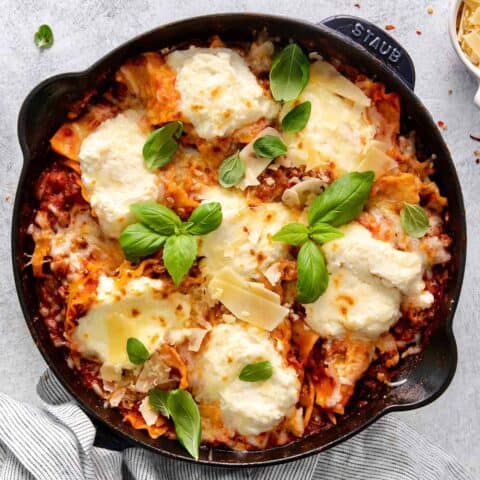 Overhead view of skillet lasagna