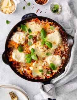 Overhead view of skillet lasagna