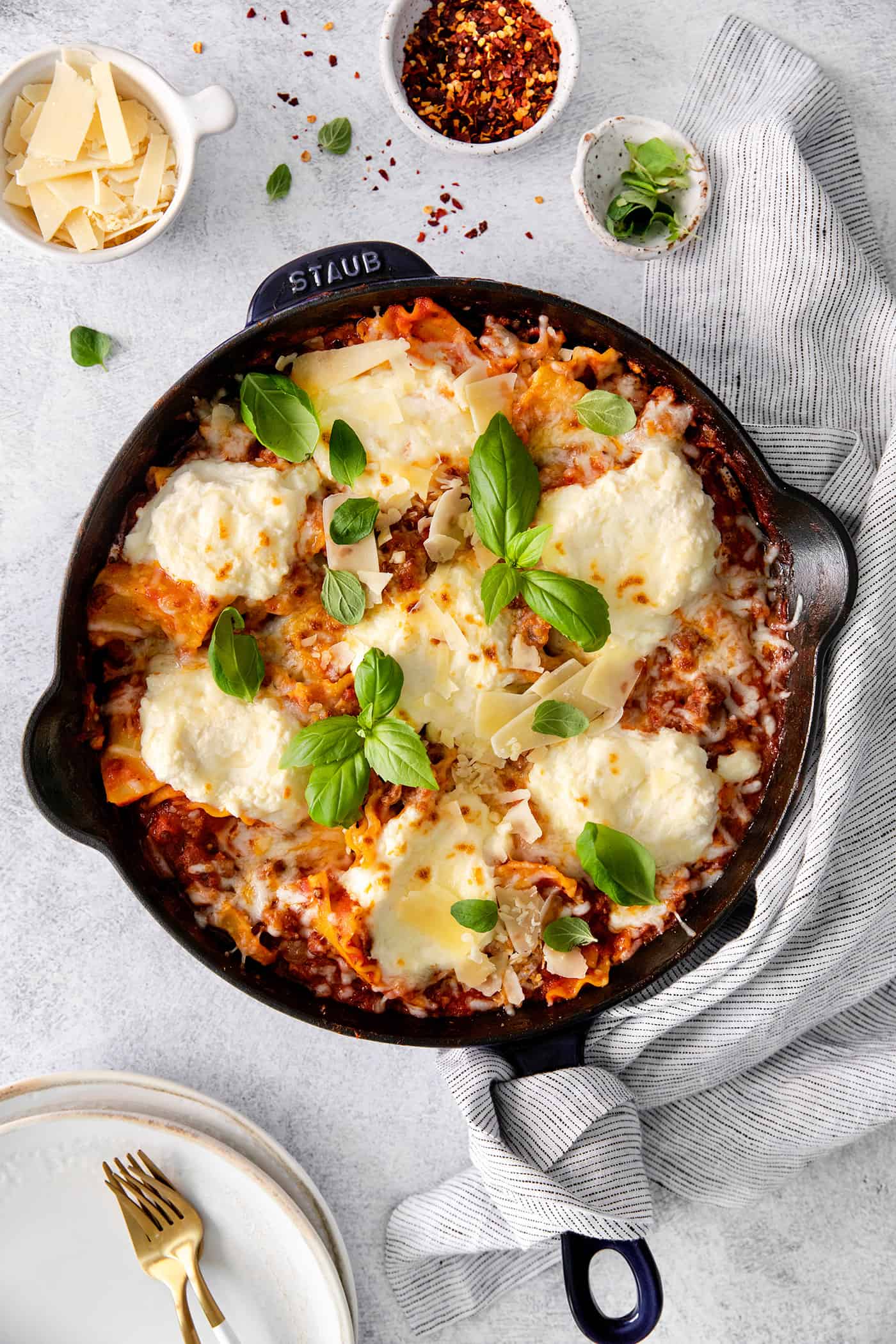 Overhead view of skillet lasagna