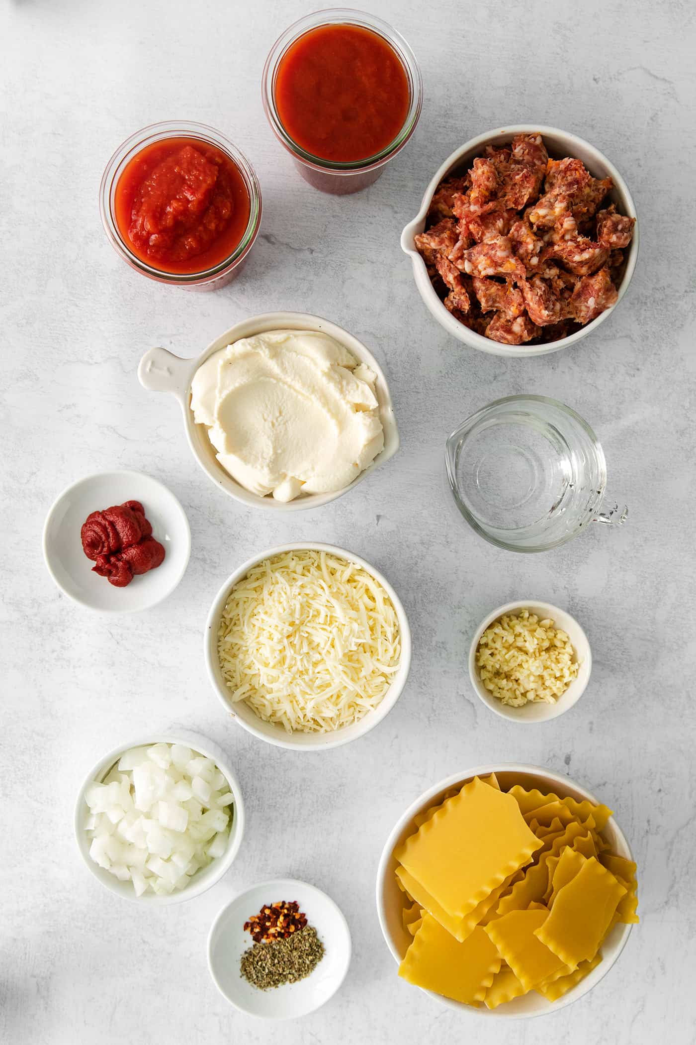 Overhead view of skillet lasagna ingredients