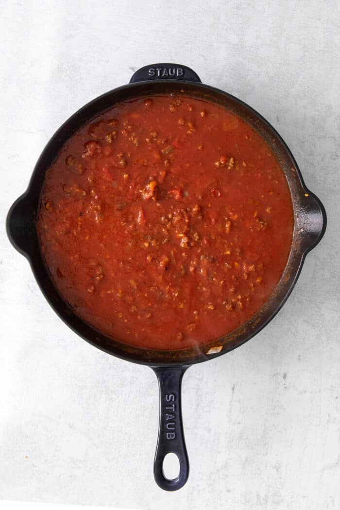 Marinara sauce in a cast iron skillet