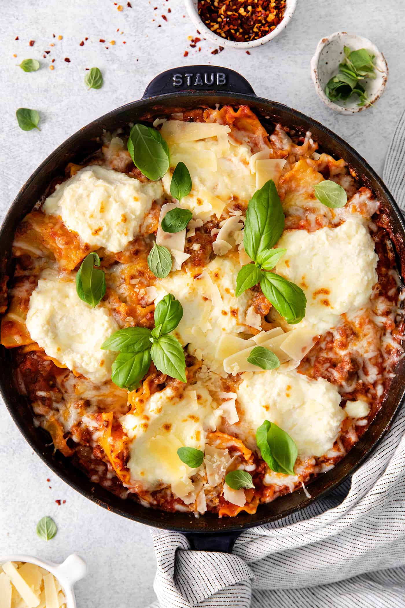 Overhead view of one pot lasagna in a cast iron skillet