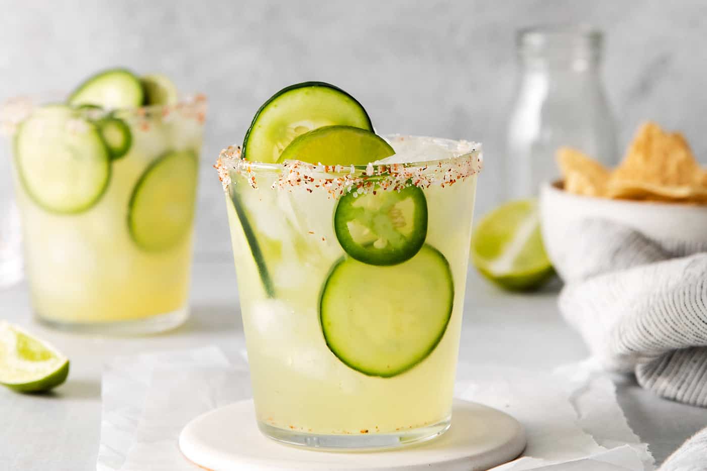 Close up of a jalapeno cucumber margarita