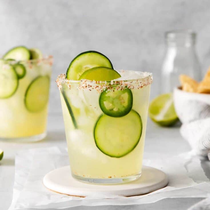 A jalapeno cucumber margarita with a spicy salt rim