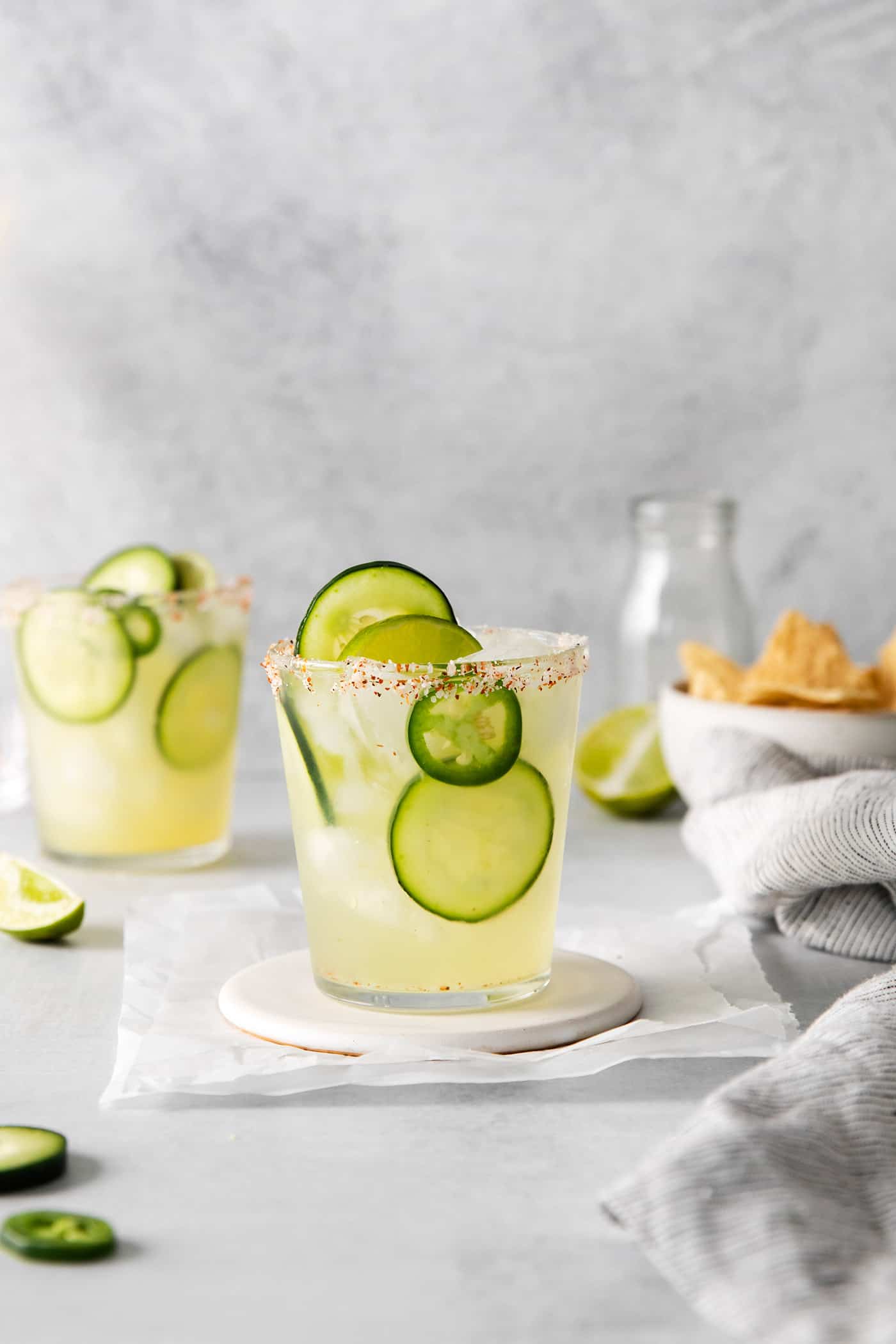 A cucumber margarita with jalapenos