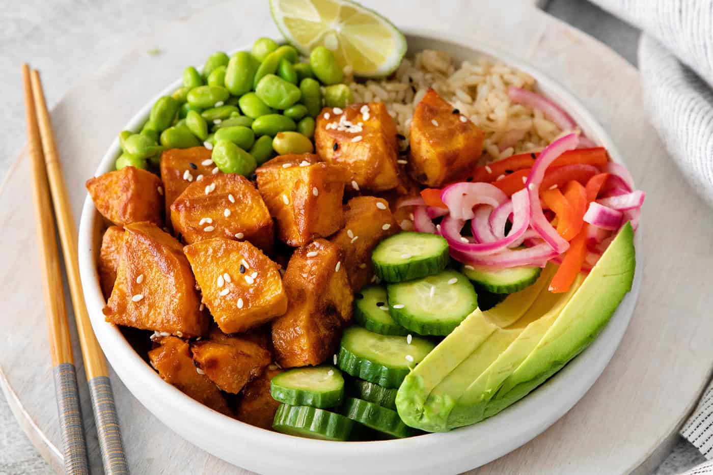 Angled view of a sweet potato bowl