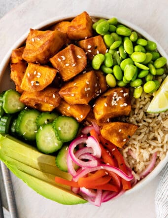 Overhead view of a sweet potato bowl