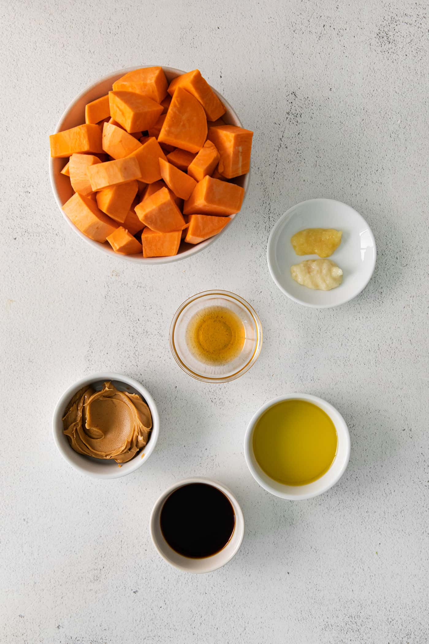 Overhead view of roasted sweet potato ingredients
