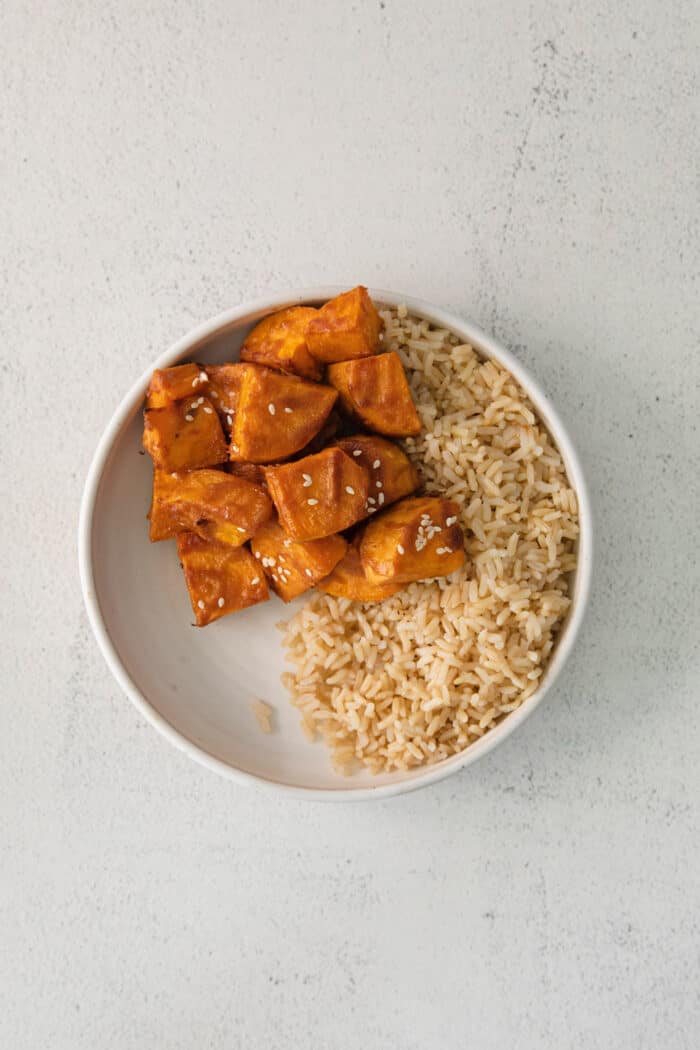 Brown rice and sweet potatoes in a bowl
