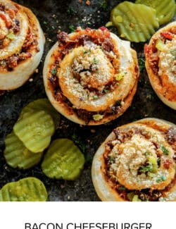 Pinterest image for bacon cheeseburger pizza rolls