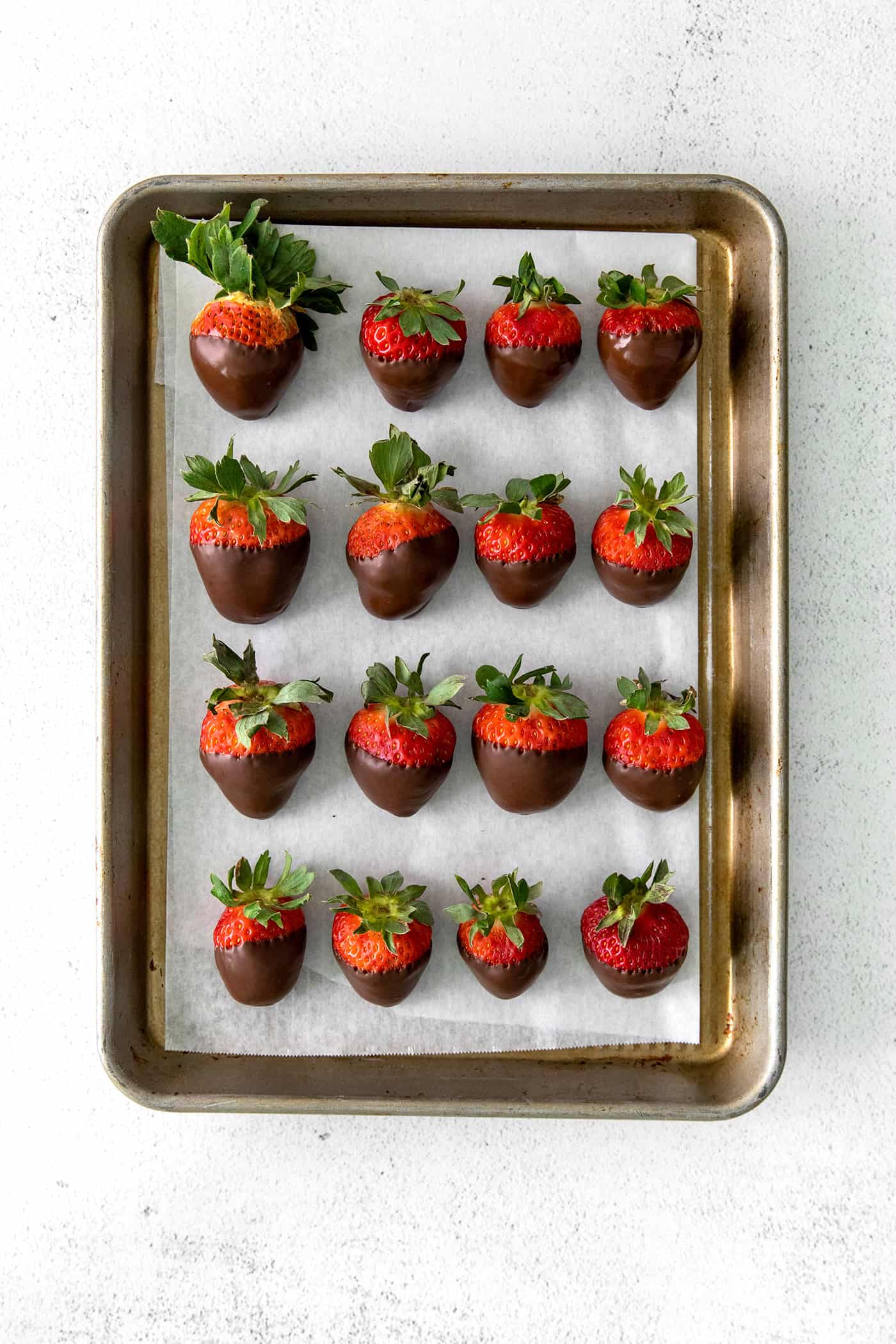 Overhead view of a baking sheet of chocolate covered strawberries