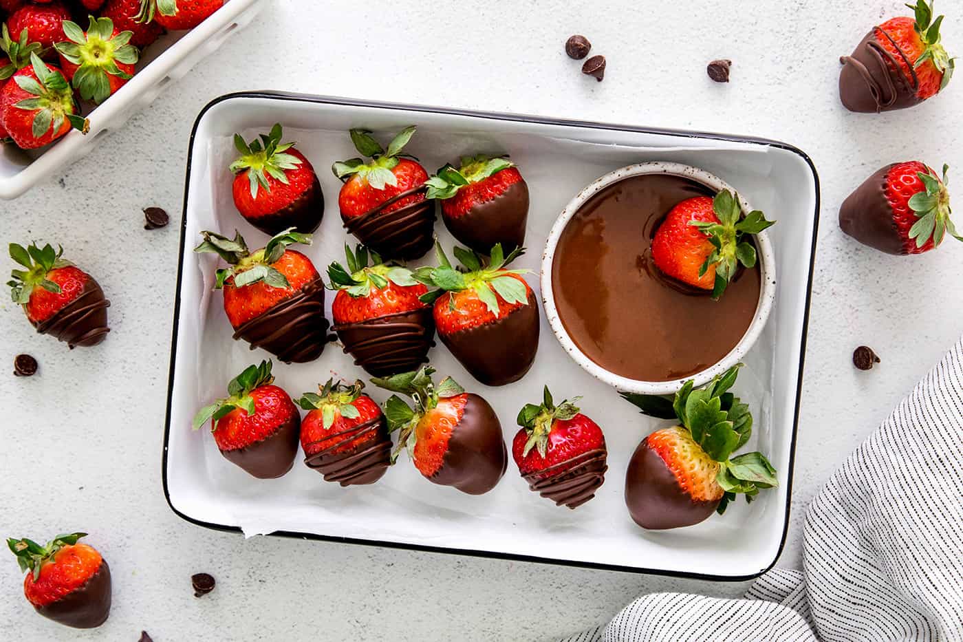 Overhead view of chocolate covered strawberries