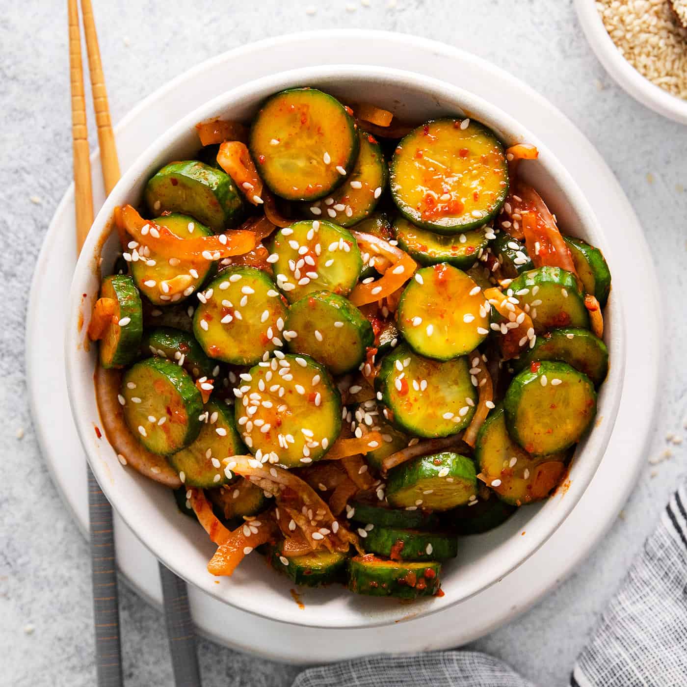 Overhead view of a bowl of cucumber kimchi