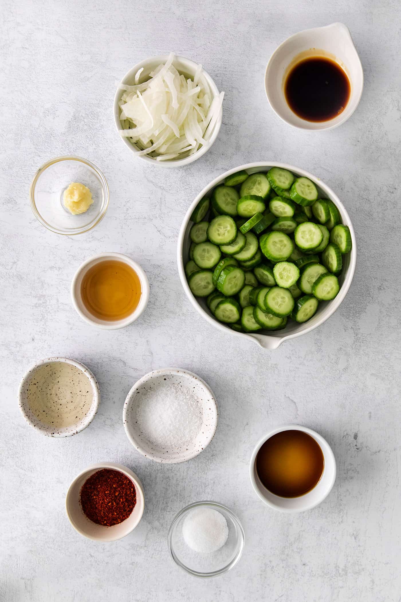 Overhead view of cucumber kimchi ingredients