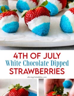 Pinterest image for 4th of July white chocolate dipped strawberries