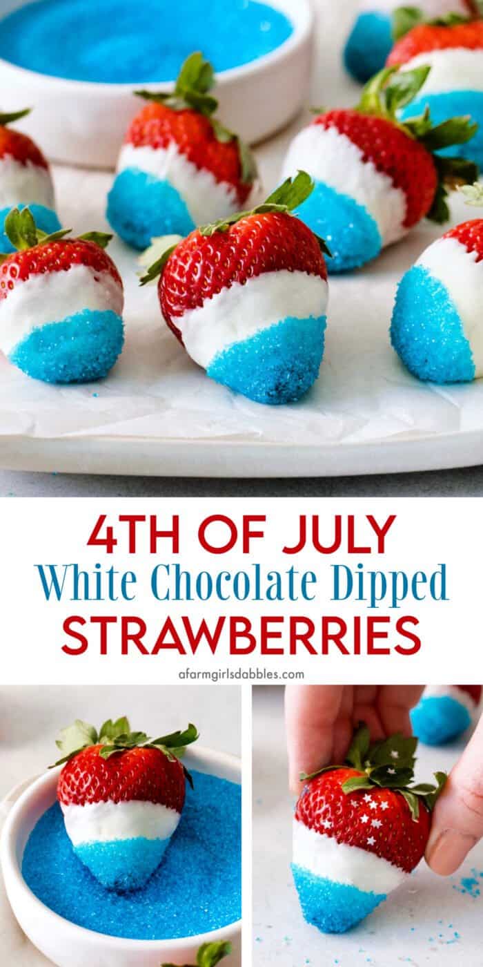 Pinterest image for 4th of July white chocolate dipped strawberries