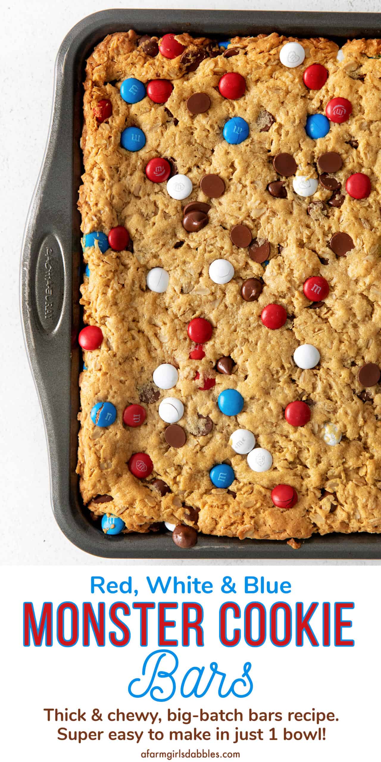 Pinterest image for red, white & blue monster cookie bars for the 4th of July