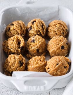 Peanut butter oat bites in a square casserole dish