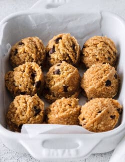 Peanut butter oat bites in a square casserole dish