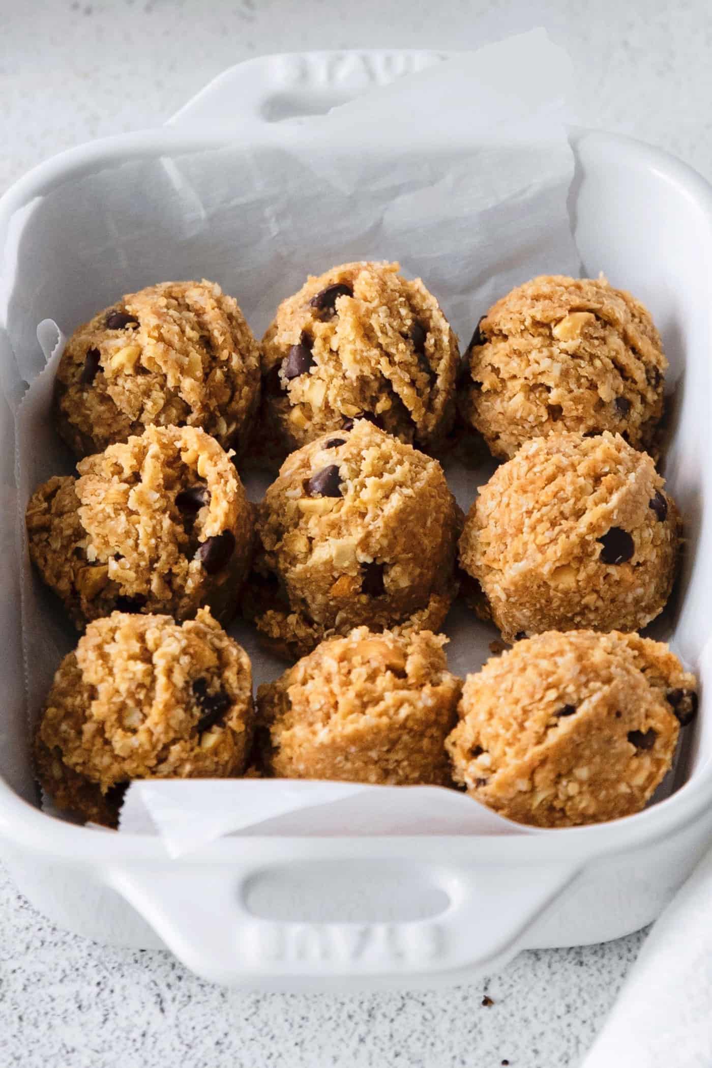 Peanut butter oat bites in a square casserole dish