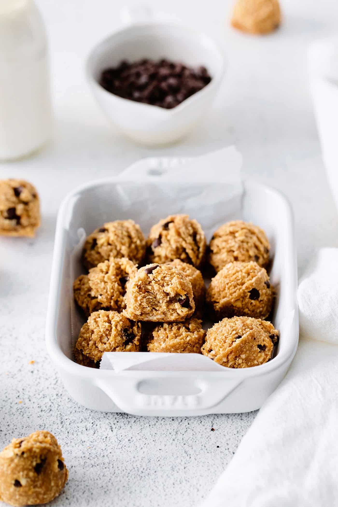 Peanut butter oat bites in a casseroledish