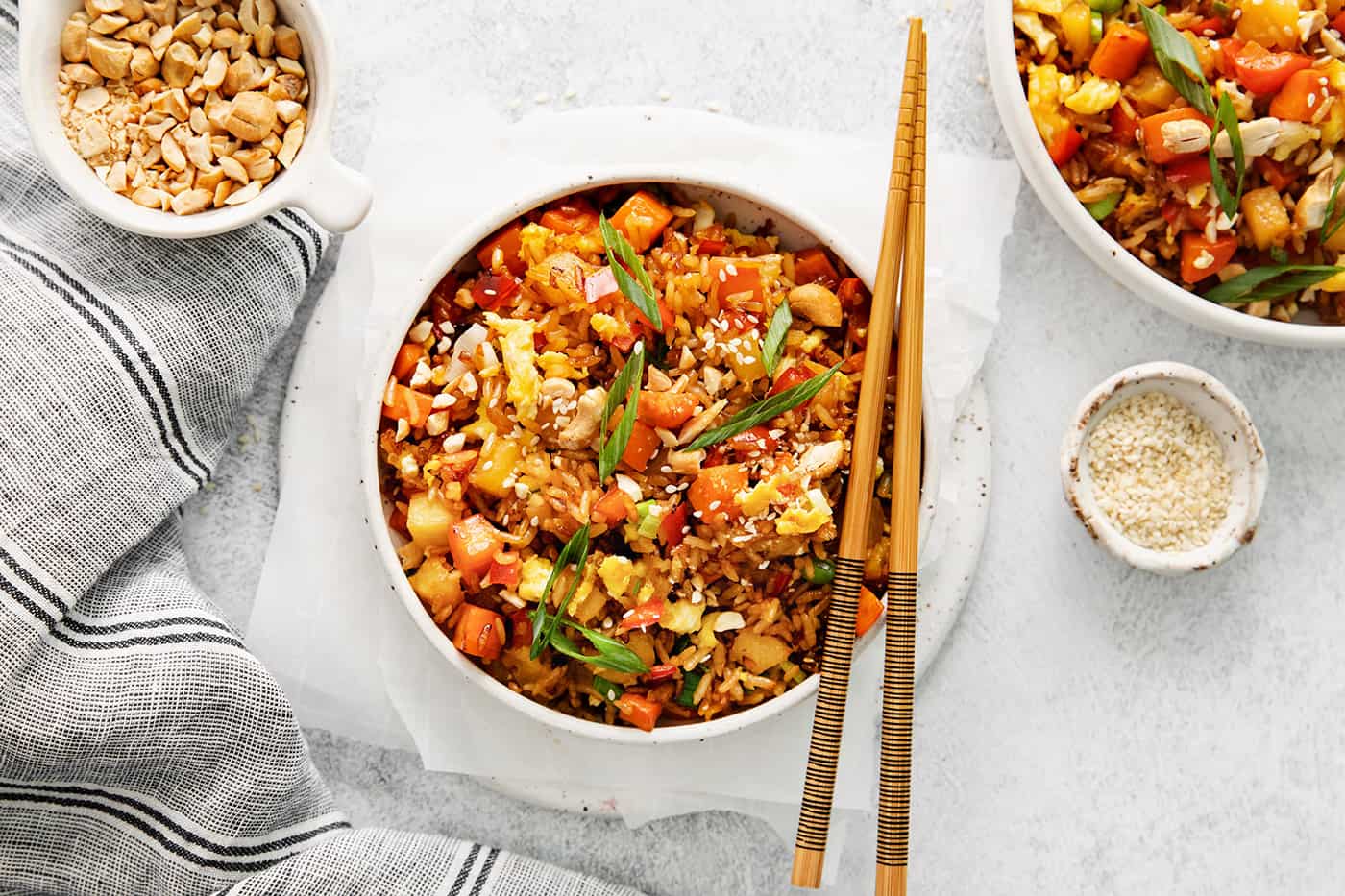 Overhead view of a bowl of pineapple fried rice