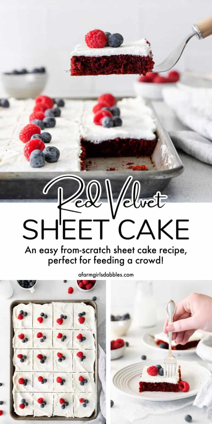 Pinterest image for red velvet sheet cake