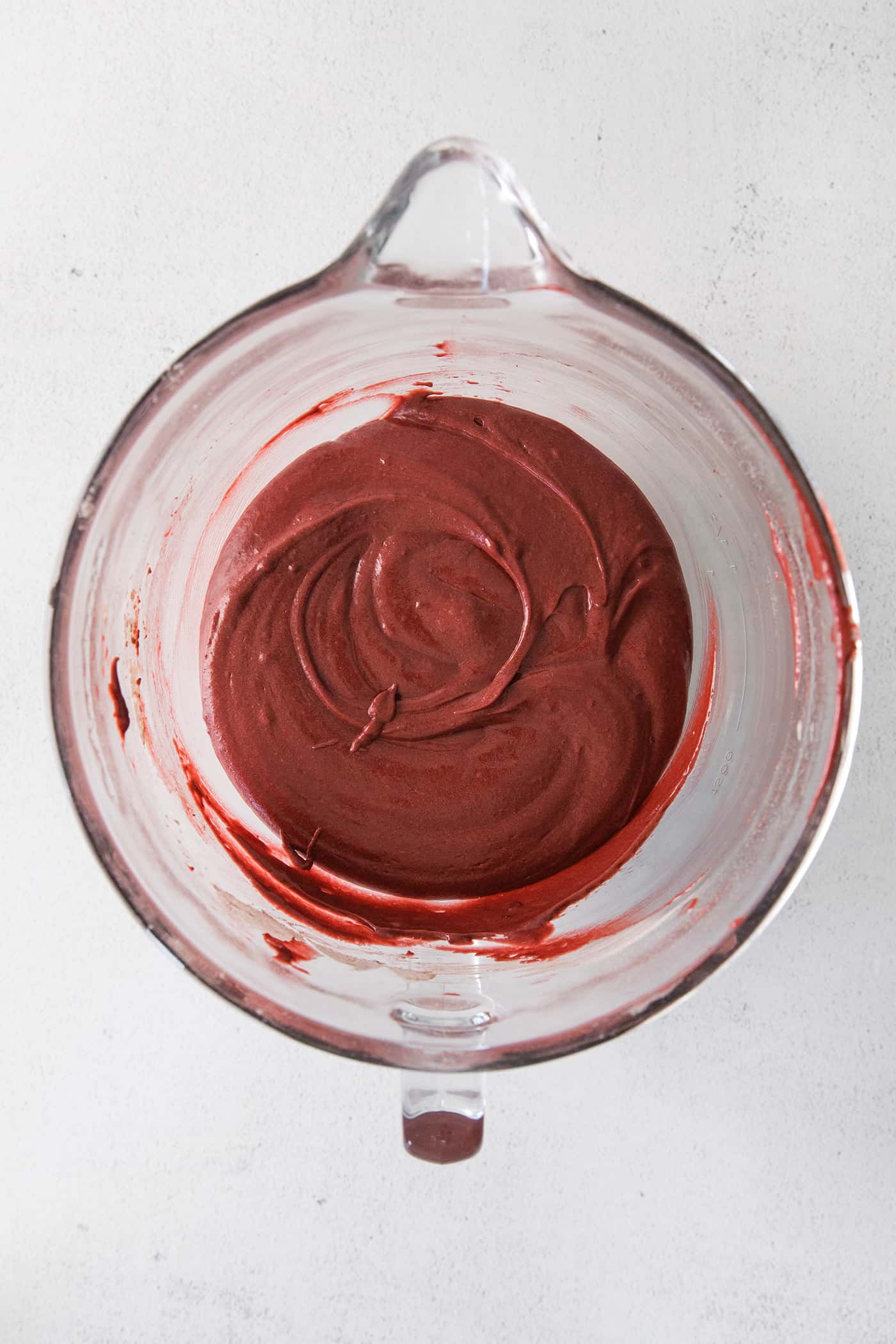Red velvet cake mix in a mixing bowl