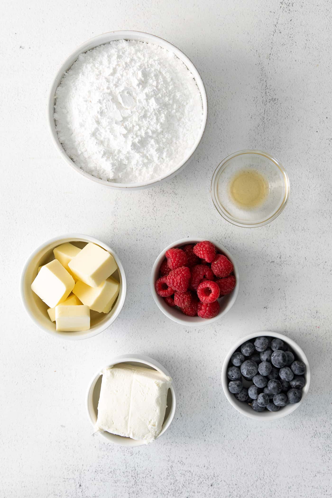 Overhead view of cream cheese frosting ingredients