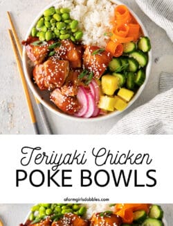 Pinterest image for teriyaki chicken poke bowls