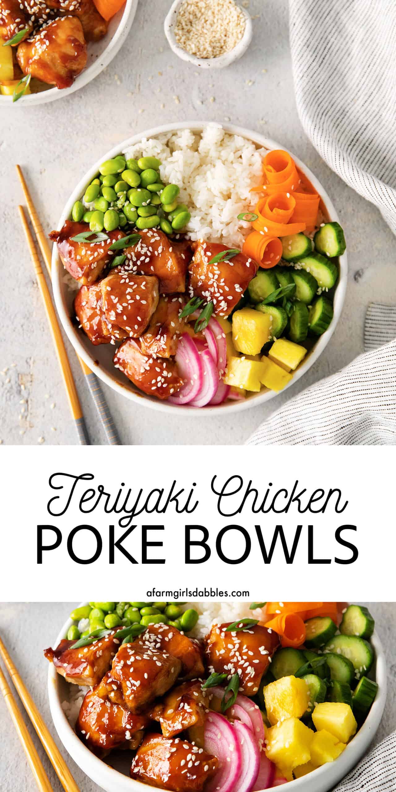 Pinterest image for teriyaki chicken poke bowls