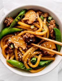 Overhead view of a bowl of yaki udon