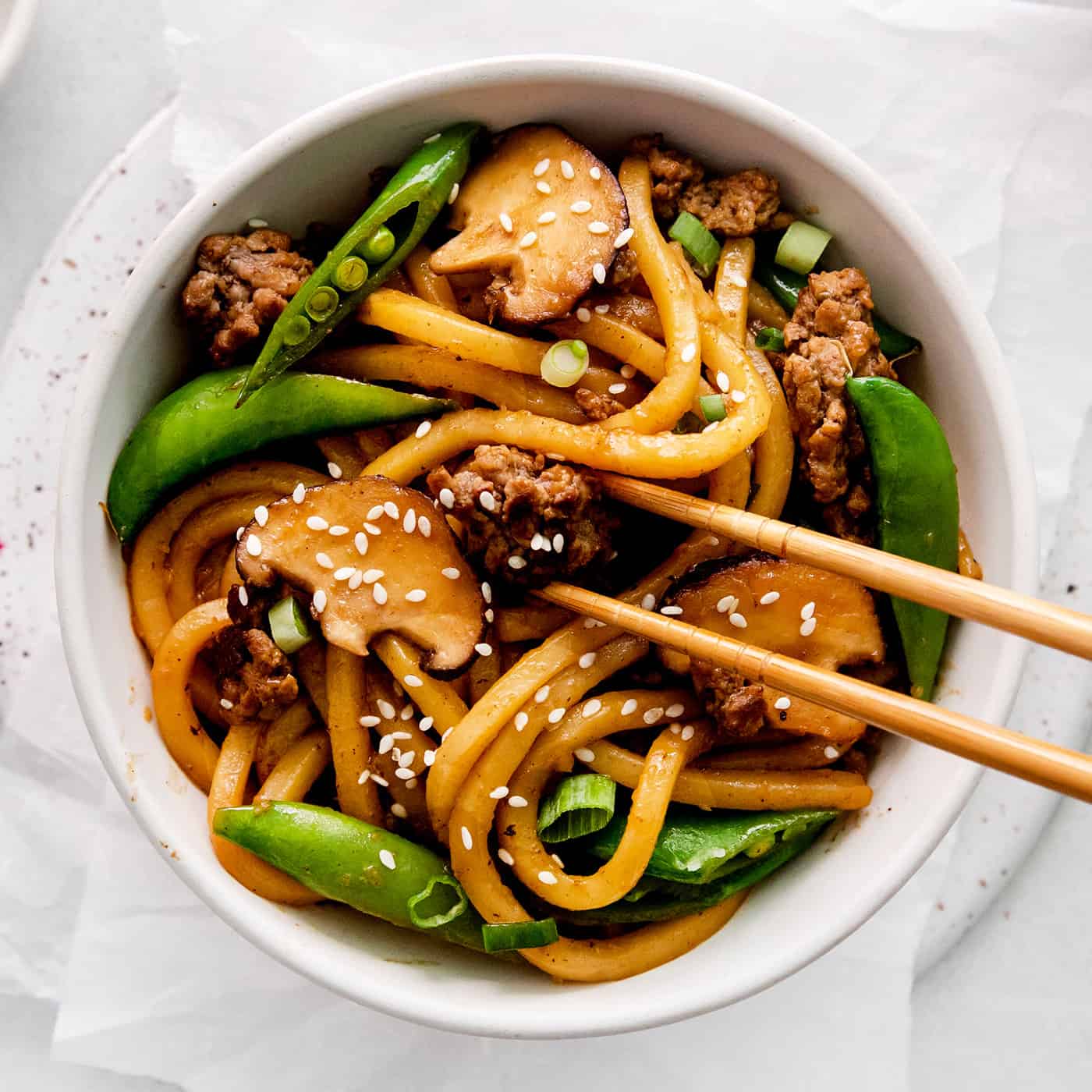 Overhead view of a bowl of yaki udon