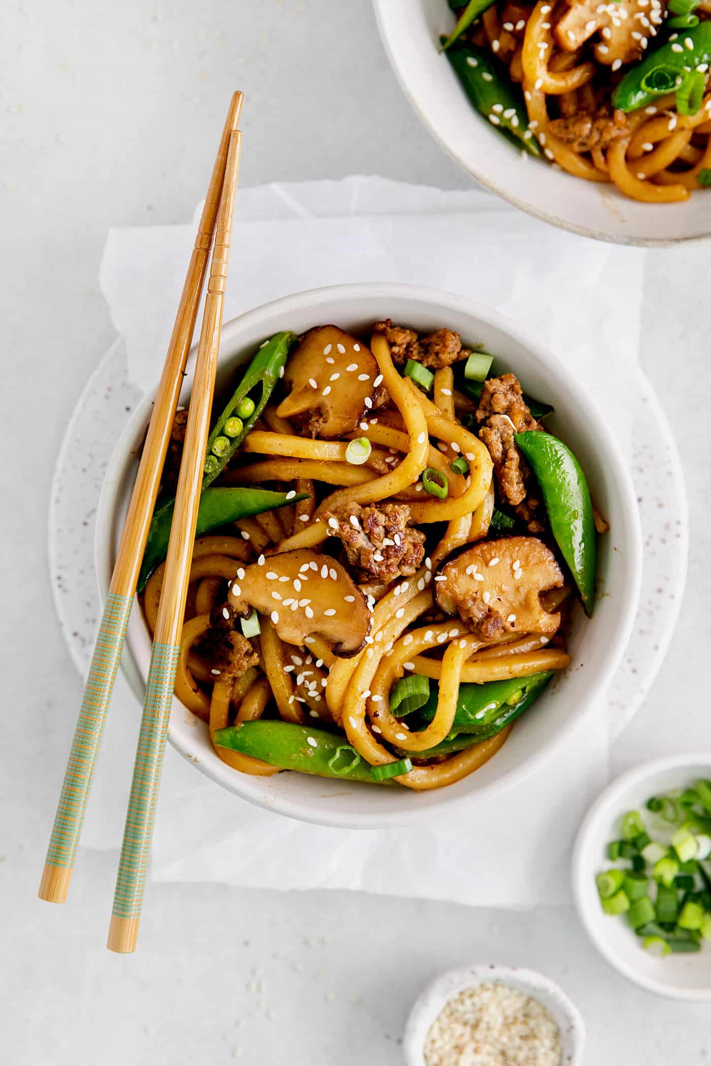 Overhead view of a bowl of yaki udon stir fried noodles