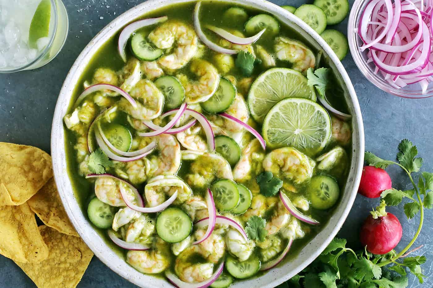 Overhead view of a bowl of shrimp aguachile