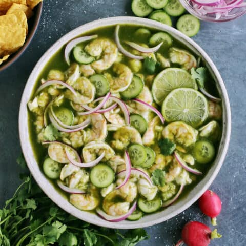 Overhead view of a big bowl of shrimp aguachile