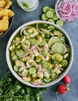 Overhead view of a big bowl of shrimp aguachile