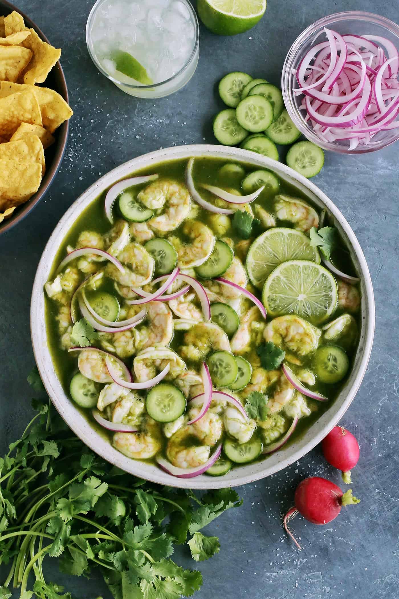 Overhead view of a big bowl of shrimp aguachile