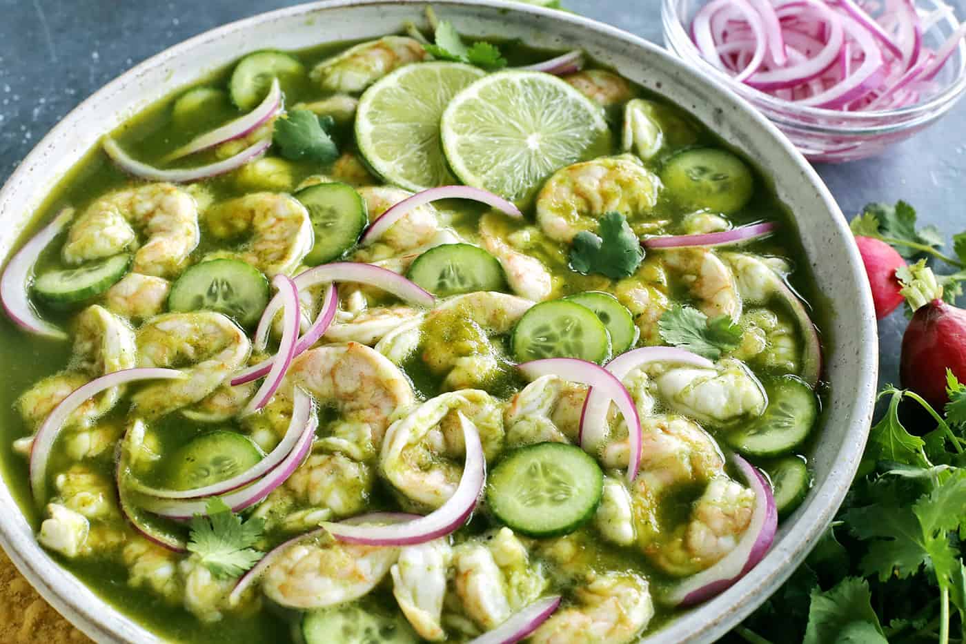 Overhead view of a bowl of shrimp aguachile