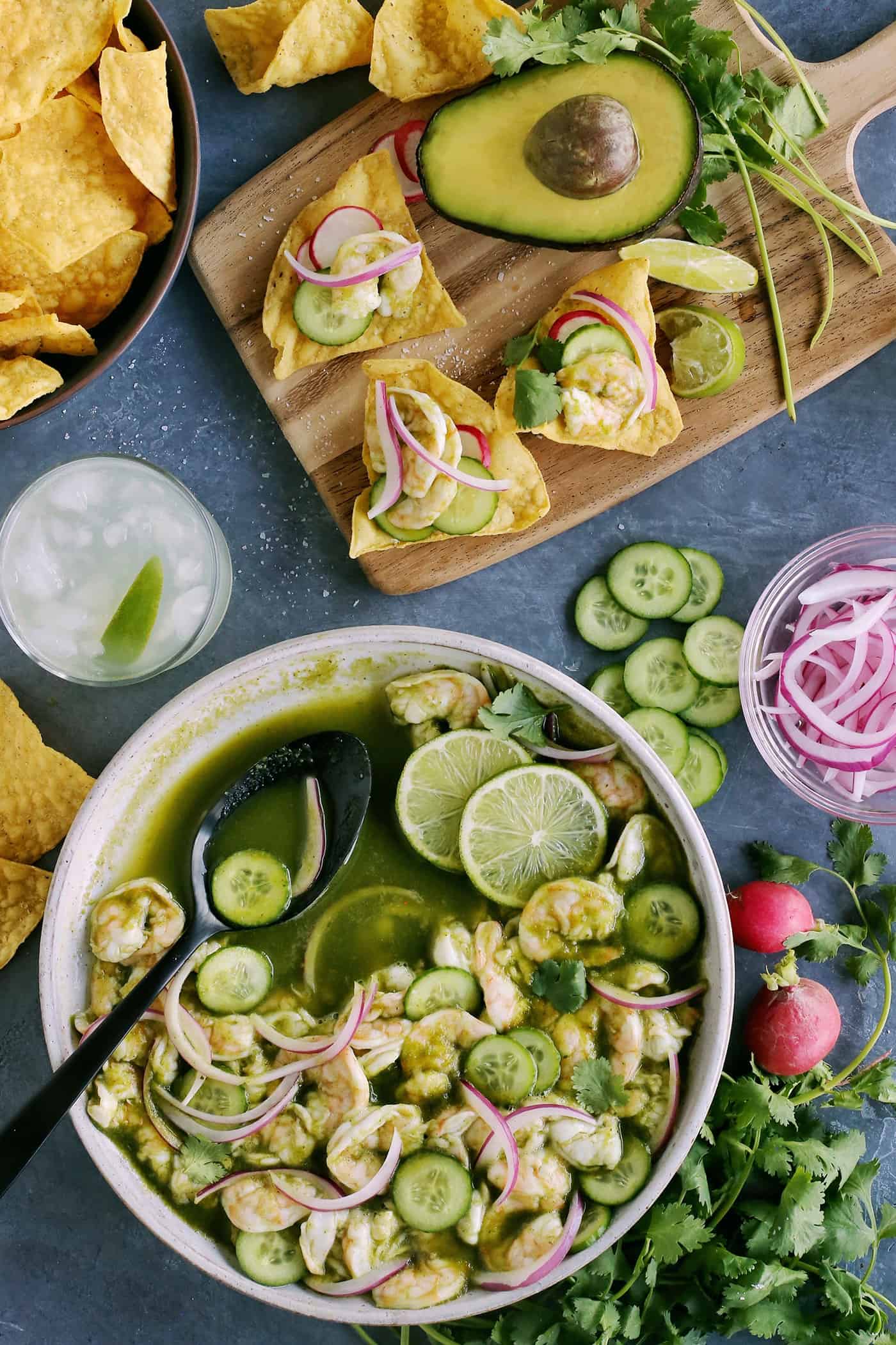 Overhead view of a bowl of shrimp aguachile