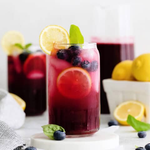 Front view of glasses of blueberry basil lemonade