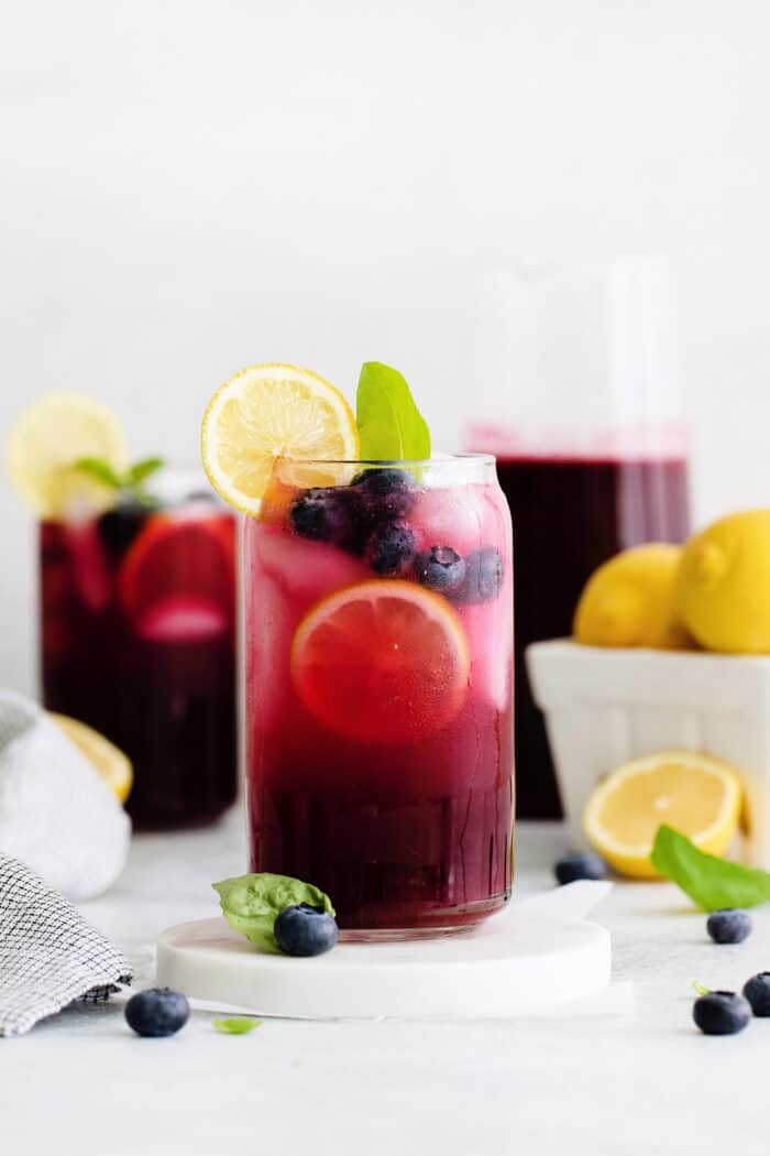 Glasses of blueberry basil lemonade
