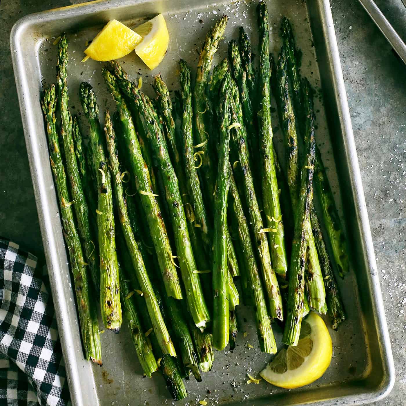 Grilled asparagus in a baking dish