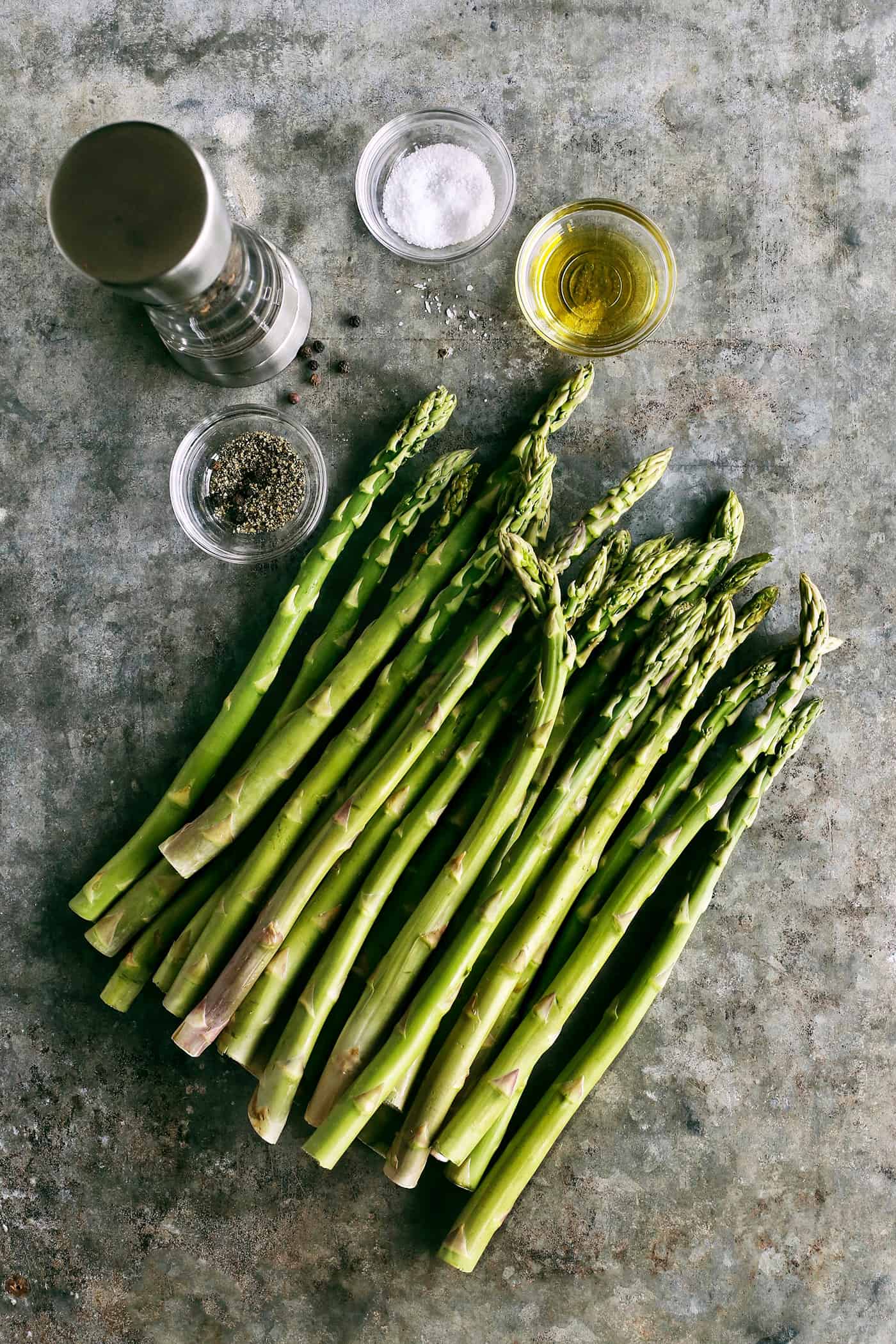 Overhead view of grilled asparagus ingredients