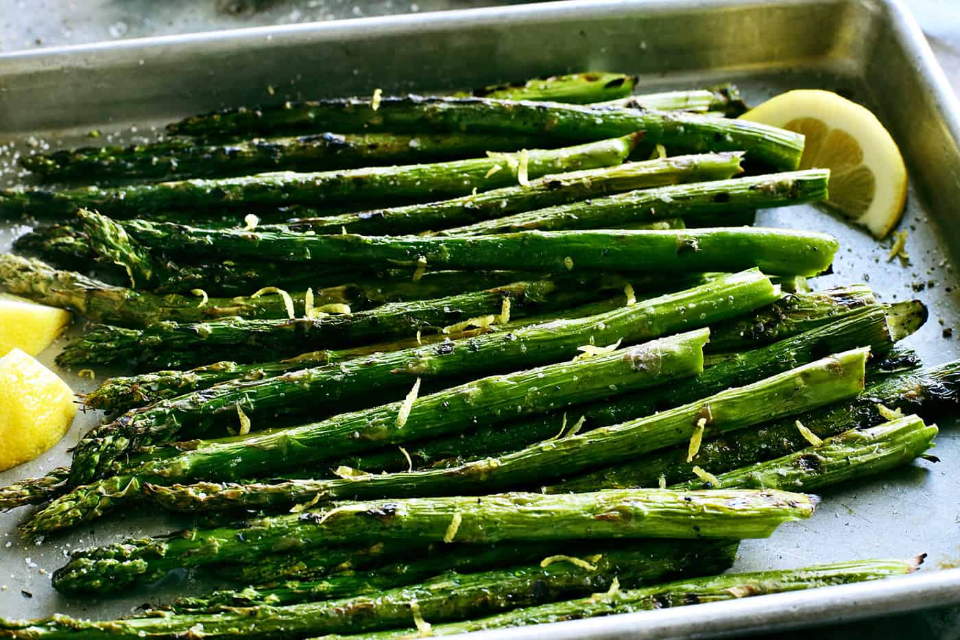 Overhead view of asparagus with lemon