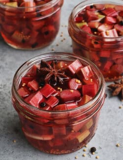 Angled overhead view of quick pickled rhubarb