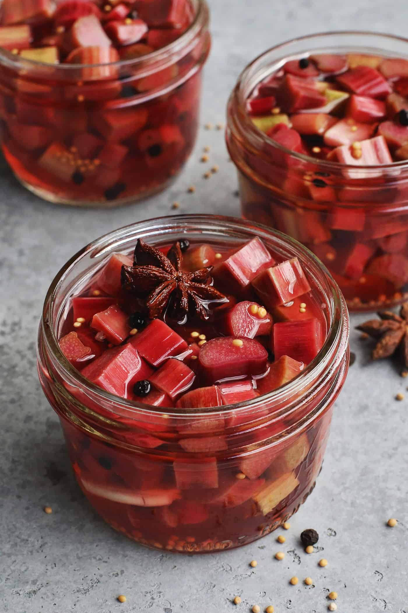 Angled overhead view of quick pickled rhubarb