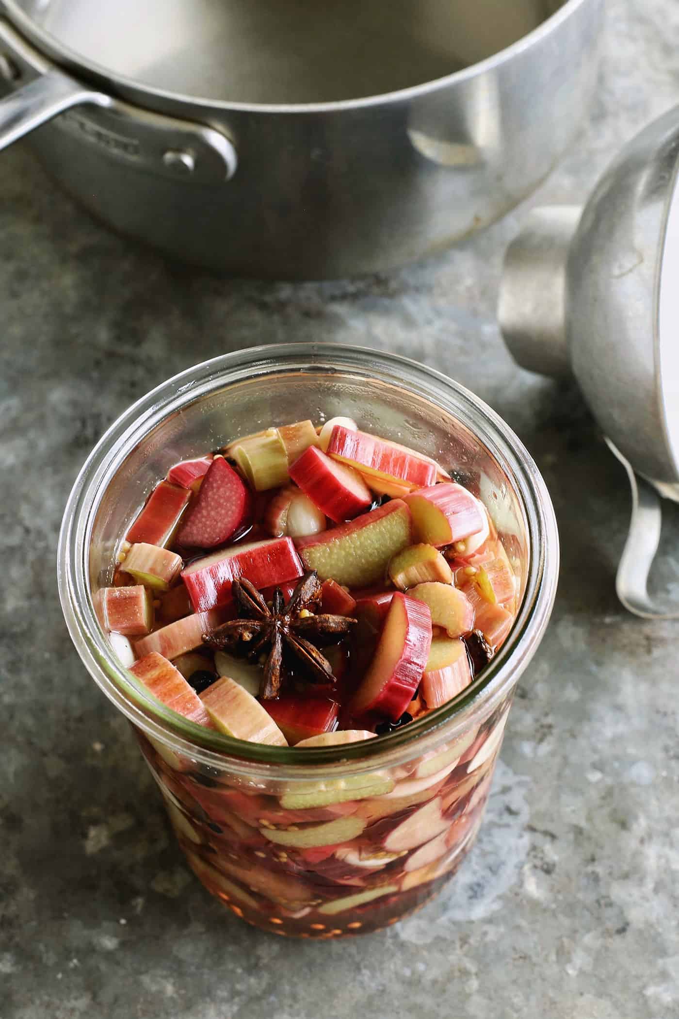 Pieces of rhubarb in a jar