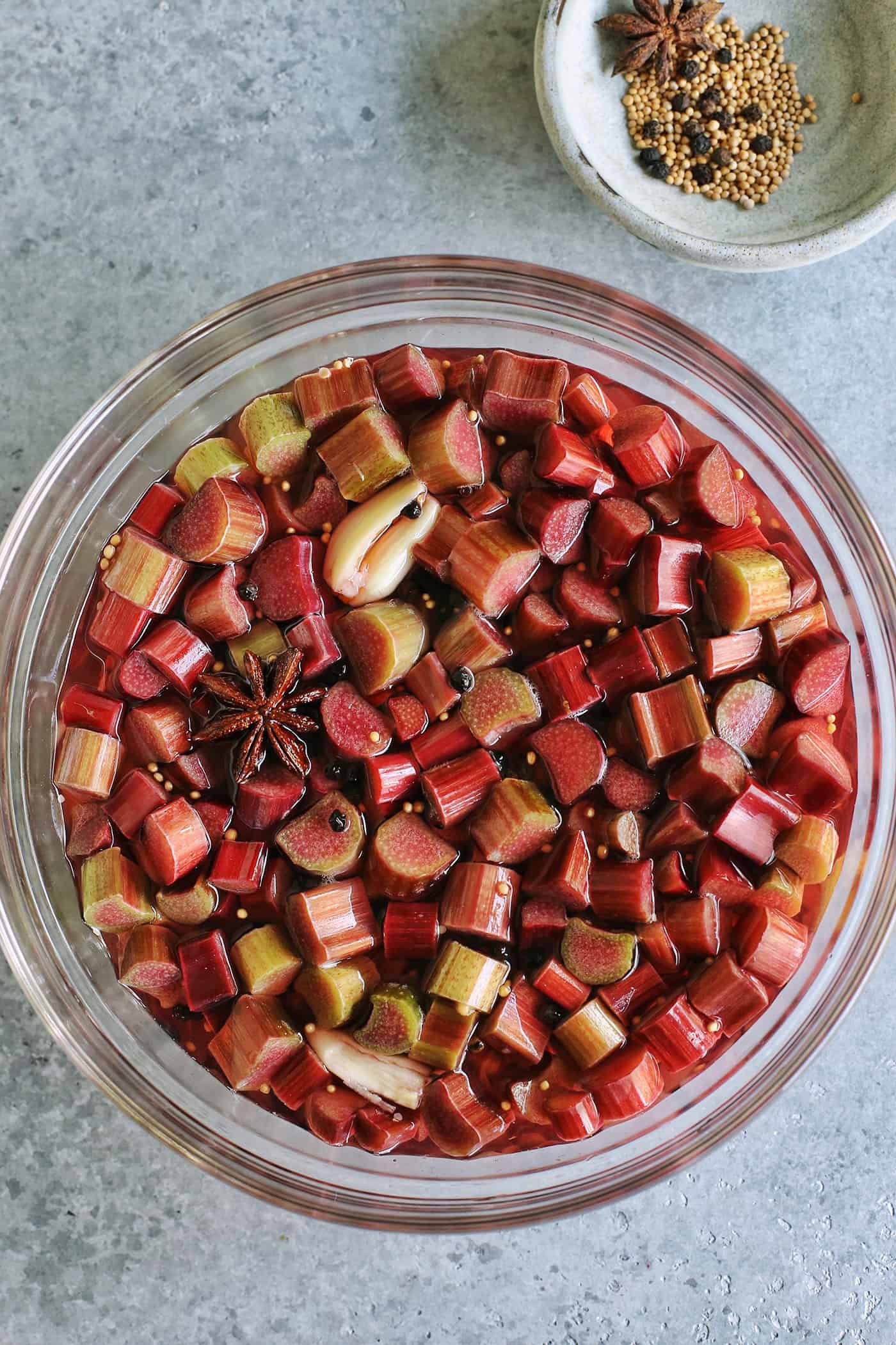 Overhead view of a jar of pickled rhubarb